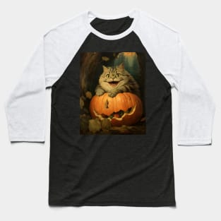 Retro Vintage: Chubby Cat and Pumpkin - Whimsical Autumn Halloween Delight Baseball T-Shirt